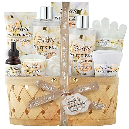 Mothers Day Gifts Bath & Body Spa Gift Basket for Women, Best Gift for Mother's Day & Birthday, White Rose Set Body Lotion, Shower Gel, Bubble Bath, Bath Salt, Towel, Soap, Oil, Candle, Gloves,