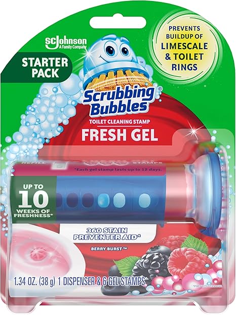 Scrubbing Bubbles Fresh Gel Toilet Bowl Cleaning Stamps, Helps Keep Toilet Clean and Helps Prevent Limescale & Rings, Berry Burst Scent, 6 Stamps