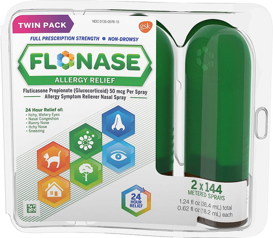 Flonase Allergy Relief Nasal Spray, 24 Hour Non Drowsy Allergy Medicine, Metered Nasal Spray - 144 Sprays (Pack of 2)