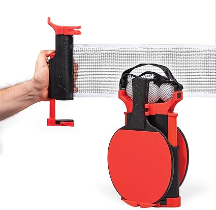 EastPoint Sports Everywhere Table Tennis Net & Paddle Set - Play Ping Pong Anywhere! Retractable Net Fits Most Tables Up to 60" Wide - 2 Table Tennis Paddles and 3 Ping Pong Balls, Red/Black