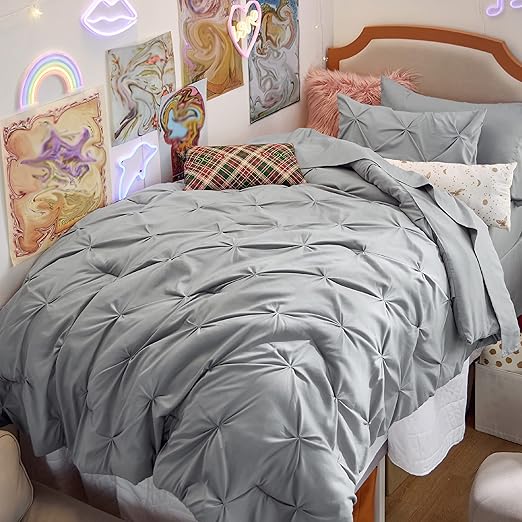 Bedsure Twin Comforter Set Grey - Bed in a Bag Twin Size 5 Pieces, GentleSoft‰ã¢ Pintuck Bed Set Gift for Family, Pinch Pleat Grey Comforter with Sheets, Pillowcase & Sham
