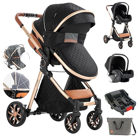 3 in 1 Baby Stroller Travel System Combo Set, Reversible Infant Stroller with One-Click Folding, Convertible Newborn Toddler Pram Carriage with Aluminum Frame (UDV9-BLACKGOLD with Base)