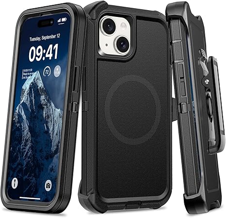 Magnetic Case for iPhone 13 Case/iPhone 14 Case/iPhone 15 Case with Belt Clip Holster, Heavy Duty Protective Phone Case, Shockproof Magnetic Phone Cover for iPhone 15 6.1" Dark Black