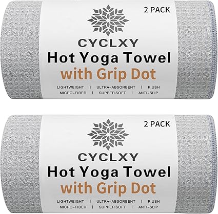 2 Pack Hot Yoga Towel with Grip Dot¥_ëStickyfiber Yoga Mat Towels Non Slip for Hot Yoga, Absorbent Microfiber Sweat Anti-Slip Cover, Bikram, Pilates, Exercise, Fitness