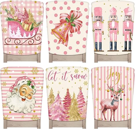 6 Pcs Christmas Chair Covers Christmas Chair Back Covers Dining Room Chair Covers Dining Chair Slipcovers for Christmas Dining Room Kitchen Wedding Party Decor (Pink Reindeer)