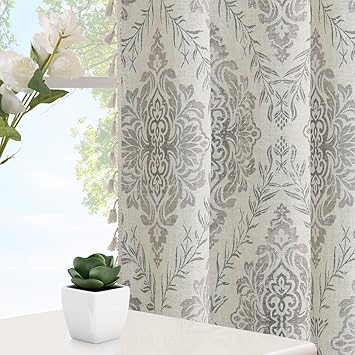 ColorBird Gray Linen Curtains for Living Room, Vintage Grommet 84 Inch Length 2 Panels Set Dining Room Curtains, Farmhouse Damask Pattern Light Filtering Drapes for Bedroom