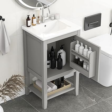 Bellemave 20" Small Bathroom Vanity with Sink, Modern Bathroom Storage Cabinet with Door and Storage Rack, Free Standing Single Basin Vanity with Open Shelf, Undermount Ceramic Sink‰__Grey‰__