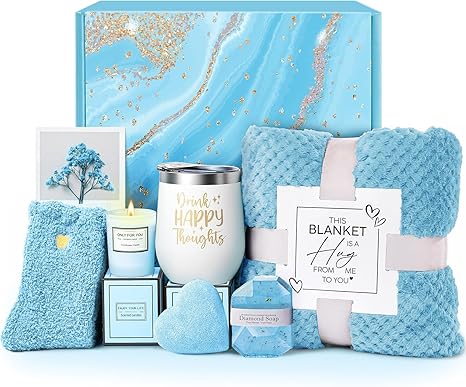 Mother's Day Gifts for Mom, Self Care Get Well Soon Gifts, Luxury Ocean Spa Gift Basket with Flannel Blanket - Unique Birthday Valentines Christmas Gifts for Women Best Friend Sister Wife Her