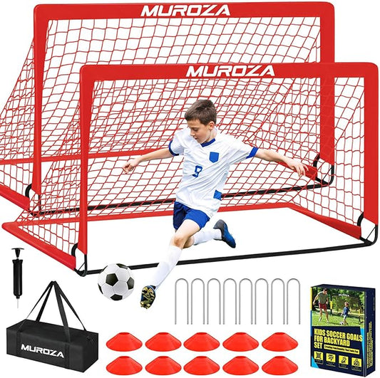 Kids Soccer Goals for Backyard Set, 2 Pack of Portable Pop Up Soccer Nets with Soccer Ball, Cones, Complete Training Equipment for Youth, Toddler Outdoor Sports Games