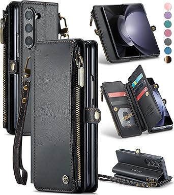 Defencase Wallet Case Compatible with Samsung Galaxy Z Fold 5 with RFID Blocking Card Holder & S Pen Holder Slot PU Leather Magnetic Snap Flip Zipper Strap Phone Case Fit for Galaxy Z Fold 5, Black