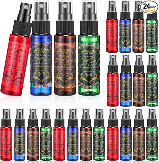 24 Pcs Valentine Toilet Spray 1 oz Mini Size Holiday Pocket Bathroom Toilet Spray Travel Essentials Christmas Stocking Stuffers Gift for Men Women, 4 Scents