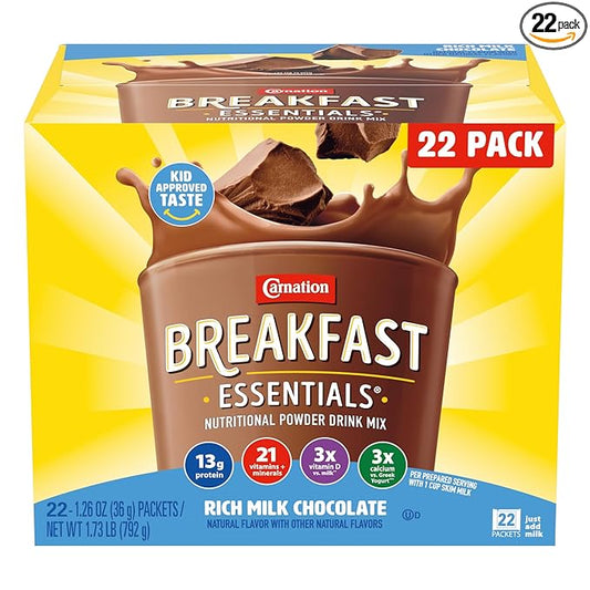 Carnation Breakfast Essentials Powder Drink Mix, Rich Milk Chocolate, 22 Count Box of 1.26 Ounce Packets