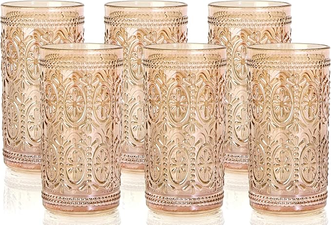 6 Pack Highball Beverage Glass Cup, 12oz Amber Glassware Drinking, Vintage Embossed Drinking Glasses, Old Fashioned Glass for Party Wedding Home Office and Gift