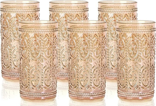6 Pack Highball Beverage Glass Cup, 12oz Amber Glassware Drinking, Vintage Embossed Drinking Glasses, Old Fashioned Glass for Party Wedding Home Office and Gift