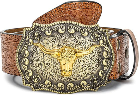YCMI Western Cowboy Belts for Men Women - Bull Buckle Vintage Floral Engraved Belt for 25 to 38" waist