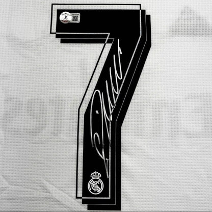 Framed Autographed/Signed Cristiano Ronaldo 35x39 Real Madrid White Soccer Jersey Beckett BAS COA