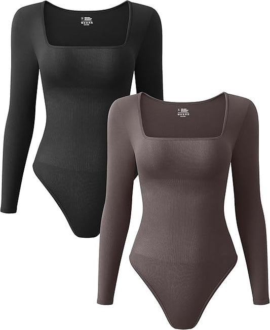 OQQ Women's 2 Piece Bodysuits Sexy Ribbed One Piece Square Neck Long Sleeve Tops