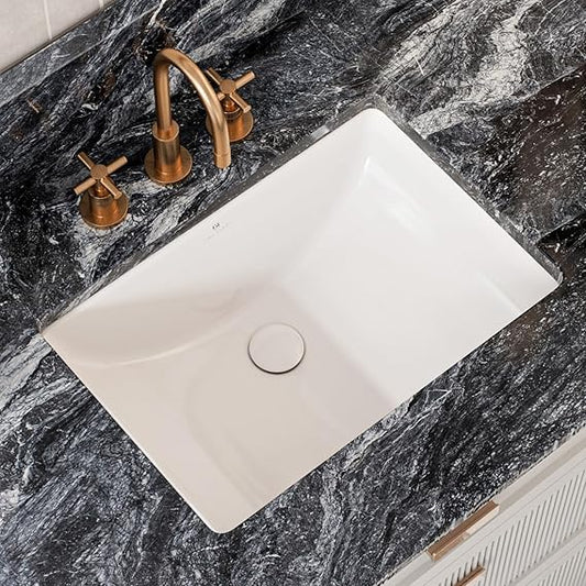 21 Inch Undermount Bathroom Sink Rectangle, Los Flexi 21" x 15" White Ceramic Vanity Sink with Overflow, Rectangular Bathroom Undermount Sink, Modern Lavatory Sink Under Counter