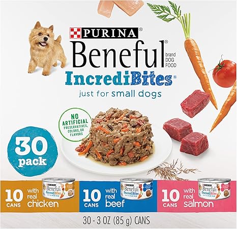Purina Beneful Small Breed Wet Dog Food Variety Pack, IncrediBites With Real Beef, Chicken and Salmon - (Pack of 30) 3 Oz. Cans
