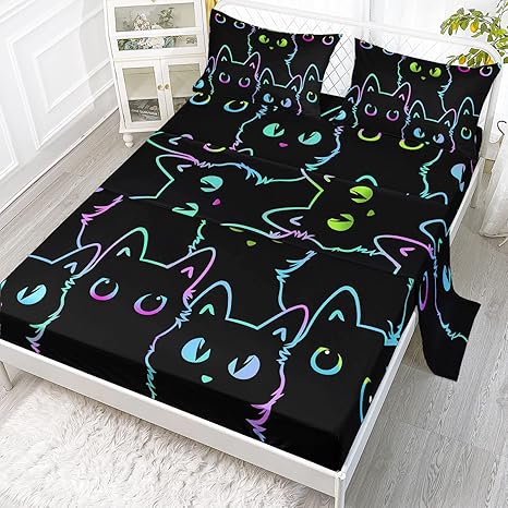 Axolotl Kids Bedding Cute Cat Sheet Set Twin Size, Gradient Line, 4Pcs Kawaii Cat Bed Sets with 1 Fitted Sheet 1 Flat Sheet 2 Pillowcases for Kids Boys Girls Adults Teens, Black