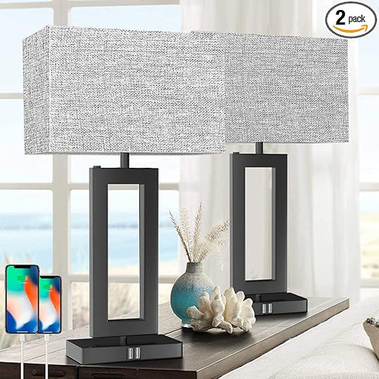 22_‹__‹_ Tall Set of 2 Touch Control Table Lamp w. 2 USB Ports, 3-Way Dimmable Modern Bedroom Bedside Touch Lamps w. Fabric Gray Shade for Living Room End Table Nightstand Reading