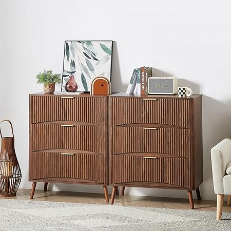 6 Drawer Fluted Dresser, Mid Century Modern Chest of Drawers with Waveform Panel, Retro Wood Curved Dresser for Bedroom, Living Room and Entryway