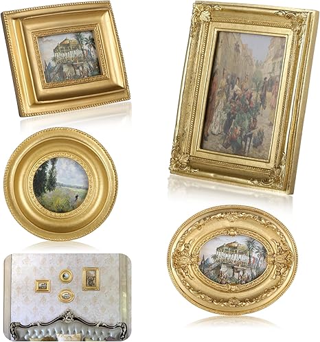 4 Styles Vintage Picture Frames, Small Golden Picture Frames, 4 Sizes Picture Frame 5.5''x4.6''/4.7''x4.7''/5.9''x7.7''/4.5''x5.4'', Collage Wall Mount & Tabletop Photo Display for Gallery Home Decor