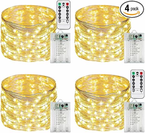 4 Pack Fairy Lights Battery Operated with Remote Control Timer, LED String Lights Outdoor Indoor, 8 Mode Twinkle Lights for Christmas Party Wedding Birthday Bedroom D�©cor (Warm White)