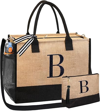 BeeGreen Bridal Gifts for Bride Shower Engagement Gifts for Bride Personalized Tote Bag for Wedding, Initial Jute Tote Bag for Bridemaids Bachelorette Women Friends Mother Monogrammed B