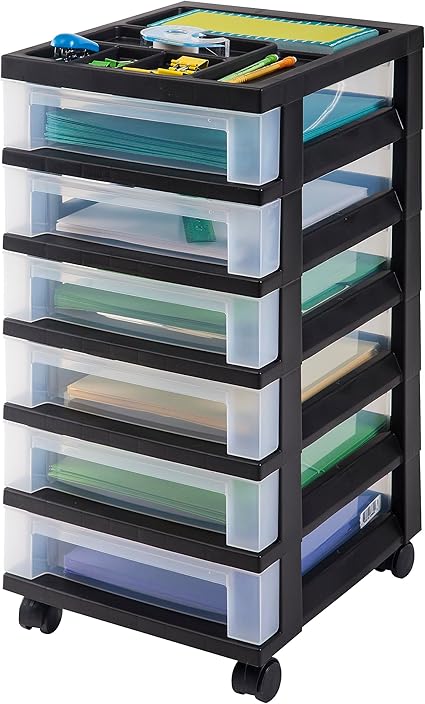 IRIS USA Plastic Drawer Storage Organizer Rolling Cart, with Wheels Casters, 6-Drawers, for Classroom Art Craft Supplies Dresser Closet Bathroom Dorm Bedroom Laundry Room, Black/Clear