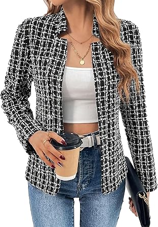 2025 Women's Tweed Blazer Lightweight Plaid Open-Front Stand-Collar Fully-Lined Casual Fashion Elegant Jacket