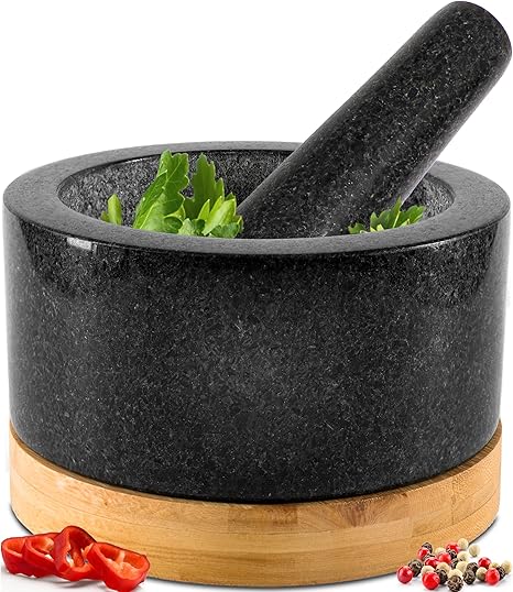 Heavy Duty Mortar and Pestle Set with Bamboo Base, 100% Natural Granite Mortar and Pestle Small Stone Grinder Bowl, Molcajete Bowl, Masher Guacamole Bowls, 1.5 Cups Polished Black