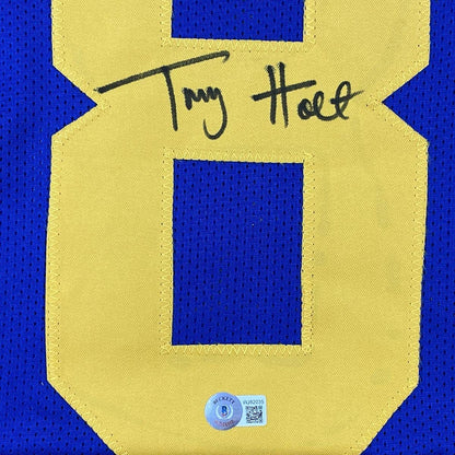 Autographed/Signed Torry Holt St. Louis Retro Blue Football Jersey Beckett BAS COA