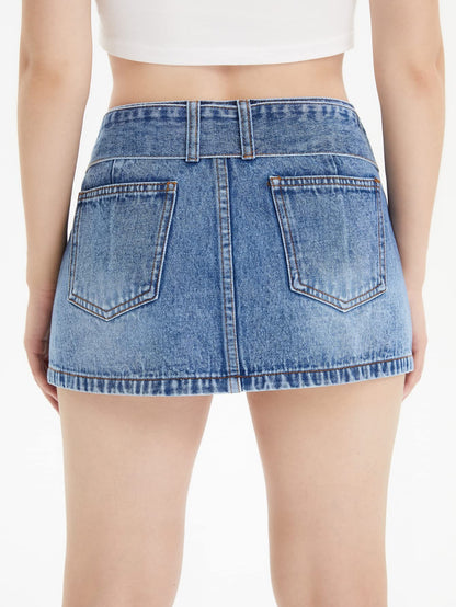 Floerns Women's Casual Buckled Belt Drop Waist Straight Denim Mini Skirt Blue M