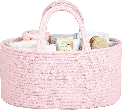 Baby Diaper Caddy Organizer for Girl Boy Rope Car Diaper Caddy Organizer Basket for Changing Table Cart Portable Diaper Organizer Caddy Tote Baby Organizer for Nursery Shower Registry Pink