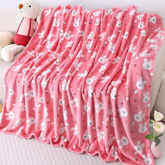 Warm Soft Toddler Fleece Blankets for Girls with Cartoon Bunny Pattern Print - Cozy Fuzzy Plush Flannel Kids Throw Blanket for Daycare & School - 50x60 inches (Pink)