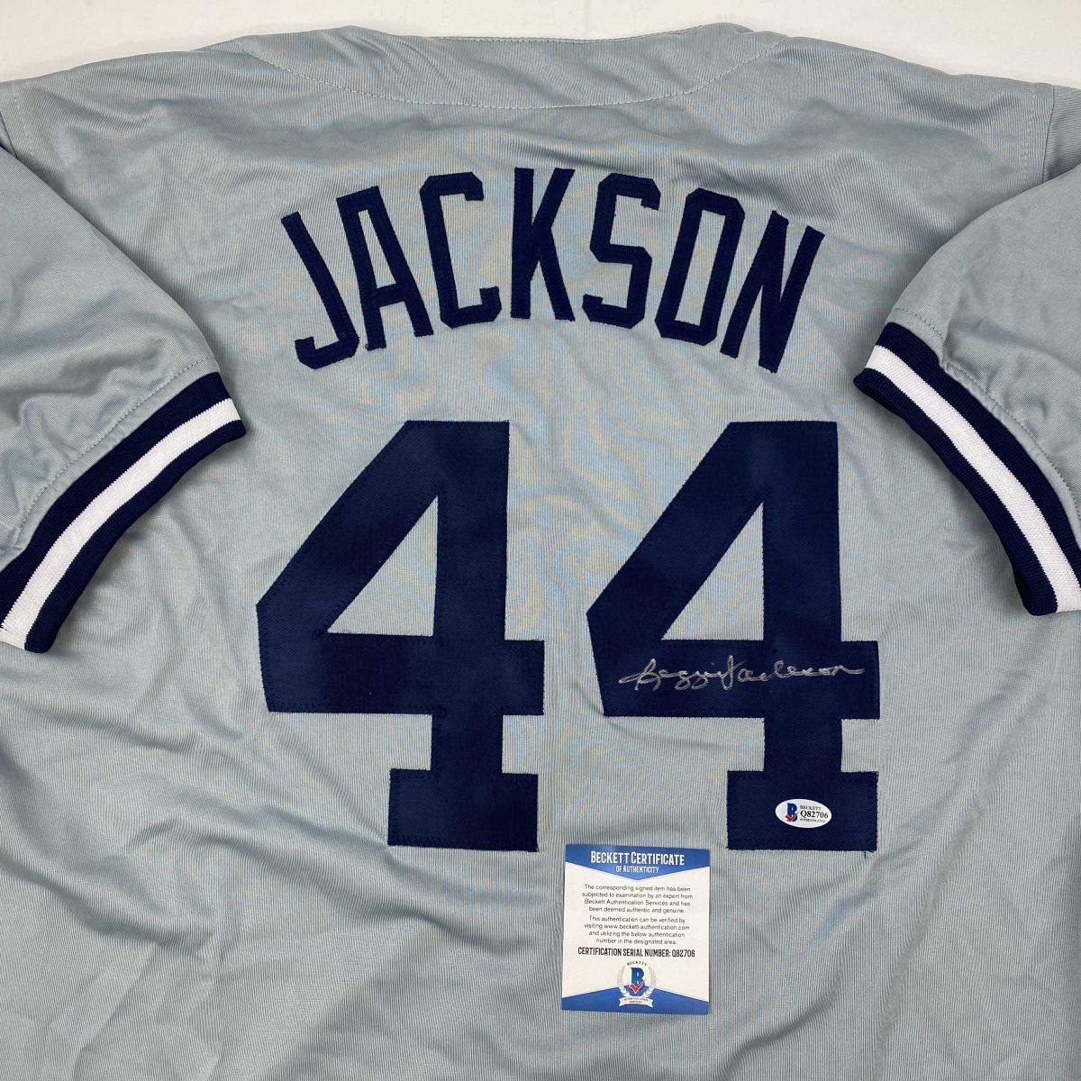 Autographed/Signed Reggie Jackson New York Grey Baseball Jersey Beckett BAS COA