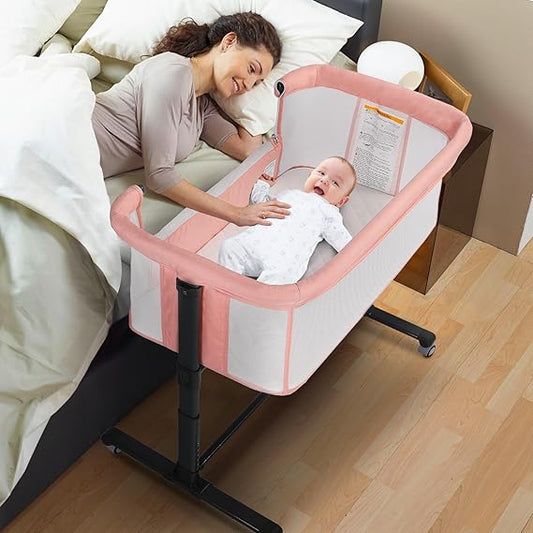 Baby Bassinet Bedside Sleeper, 2 in 1 Folding Portable Newborn Bedside Sleeper w/Storage Basket, All-Sided Mesh Infant Travel Crib for Toddlers, 6 Adjustable Height, Comfy Mattress, Pink