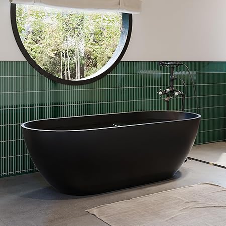 CASAINC 59" Free Standing Tub, Oval-Shaped Stone Resin Freestanding Bathtub Matte Black Solid Surface Soaking Tub with Drain, Drain Hose & Sanding Paper
