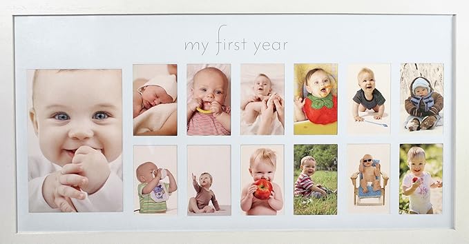 Baby's First Year Frame in Elegant White Natural Wood - My First Year Baby Picture Frame for Photo Memories (White)