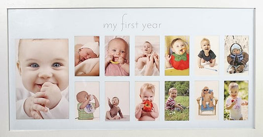 Baby's First Year Frame in Elegant White Natural Wood - My First Year Baby Picture Frame for Photo Memories (White)