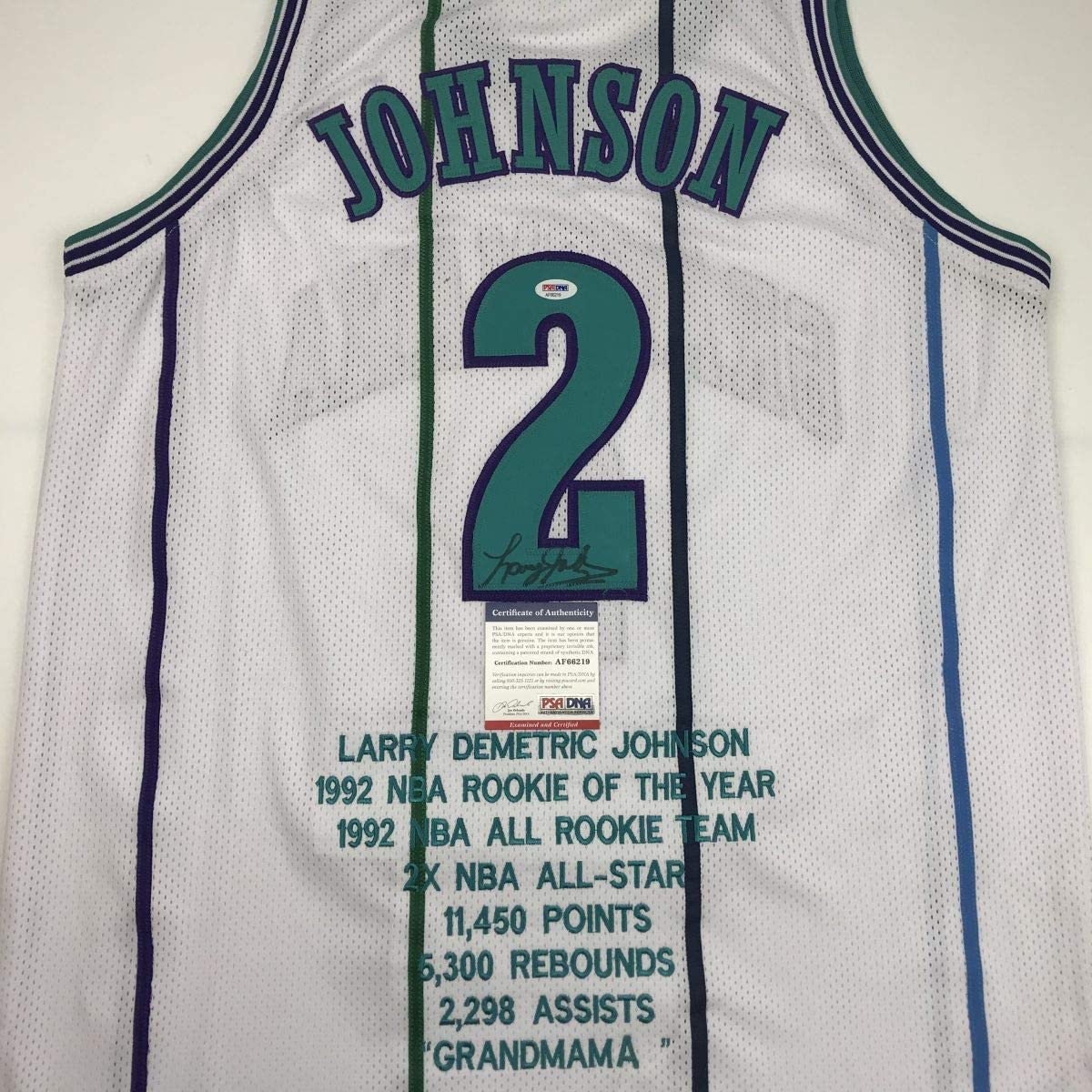 Autographed/Signed Larry Johnson Charlotte White Stat Basketball Jersey PSA/DNA COA