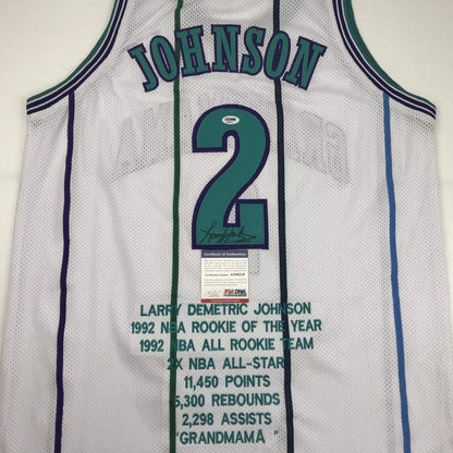 Autographed/Signed Larry Johnson Charlotte White Stat Basketball Jersey PSA/DNA COA