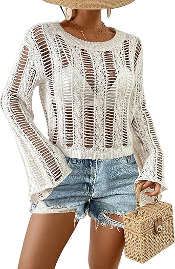 Bsubseach Fall Sweaters for Women 2024 Hollow Out Long Bell Sleeve Casual Crochet Pullover Knit Crop Tops Vacation Outfits
