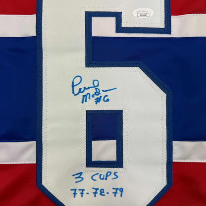 Framed Autographed/Signed Pierre Mondou "3 Cups 77-78-79" 35x39 Montreal Red Hockey Jersey JSA COA