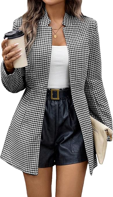 2025 Women‰۪s Spring Long Plaid Blazer Jacket Houndstooth Notch-Collar Open Front Fashion Casual Suit with Pockets