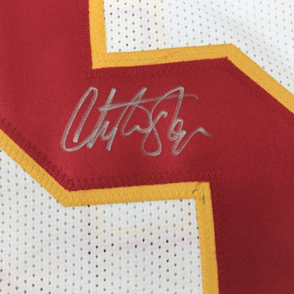 Framed Autographed/Signed Christian Okoye 35x39 Kansas City White Football Jersey PSA/DNA COA