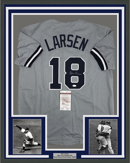 Framed Autographed/Signed Don Larsen 35x39 New York Grey Baseball Jersey JSA COA