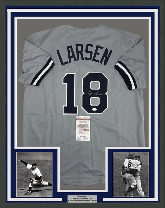 Framed Autographed/Signed Don Larsen 35x39 New York Grey Baseball Jersey JSA COA