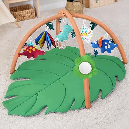Baby Gyms & Playmats, 48x42Š—_ Large Space Leaf Shaped Baby Play Mat Activity Gym, Soft 1.2Š—_ Thick Tummy Time Mat with 6 Detachable Dinosaur Sensory Toys for Fine Motor Skills, Newborn Essentials Gift